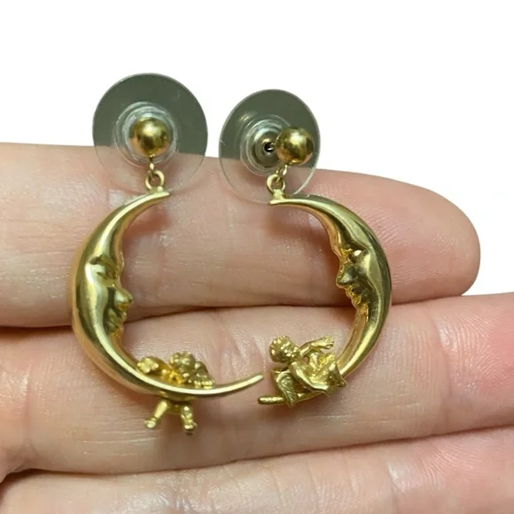 Vintage Cherub Moon Earrings 14k Crescent Dangle Earrings Cherubs 14k Gold - Picture 1 of 15